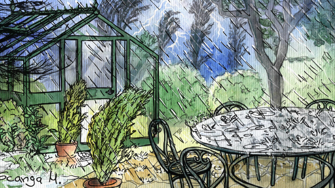Illustration - Gewächshaus - Regen - Sturm - Herbst - Oktober - Franks kleiner Garten